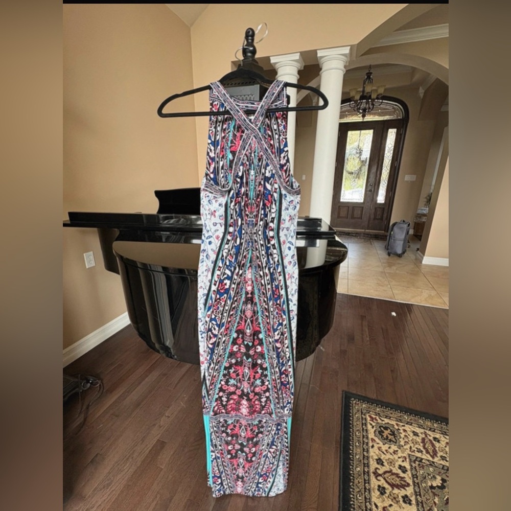 Cato Multicolor Printed Cross-Back Maxi Dress - Blue, Pink, Teal, Black, White